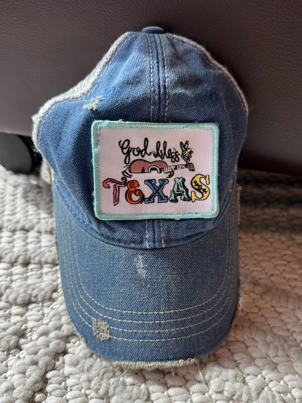 EUC Judith March God Bless Texas Patch Distressed Denim Trucker Hat Blue Boho